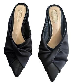 Gianni Bini Black Satin and Leather Twist-Vamp Kitten Heel Mules, 7.5